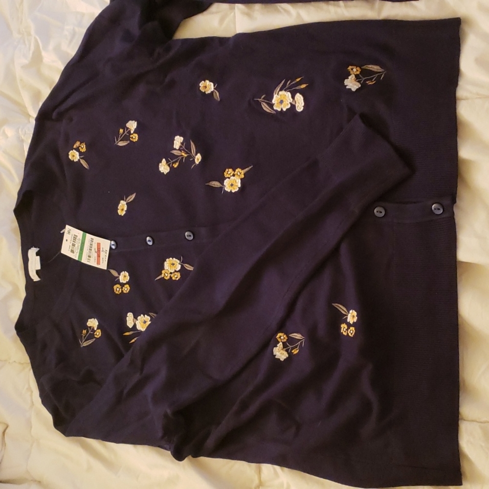 NWT LG Charter Club Navy Cardigan with Embroidered Flowers